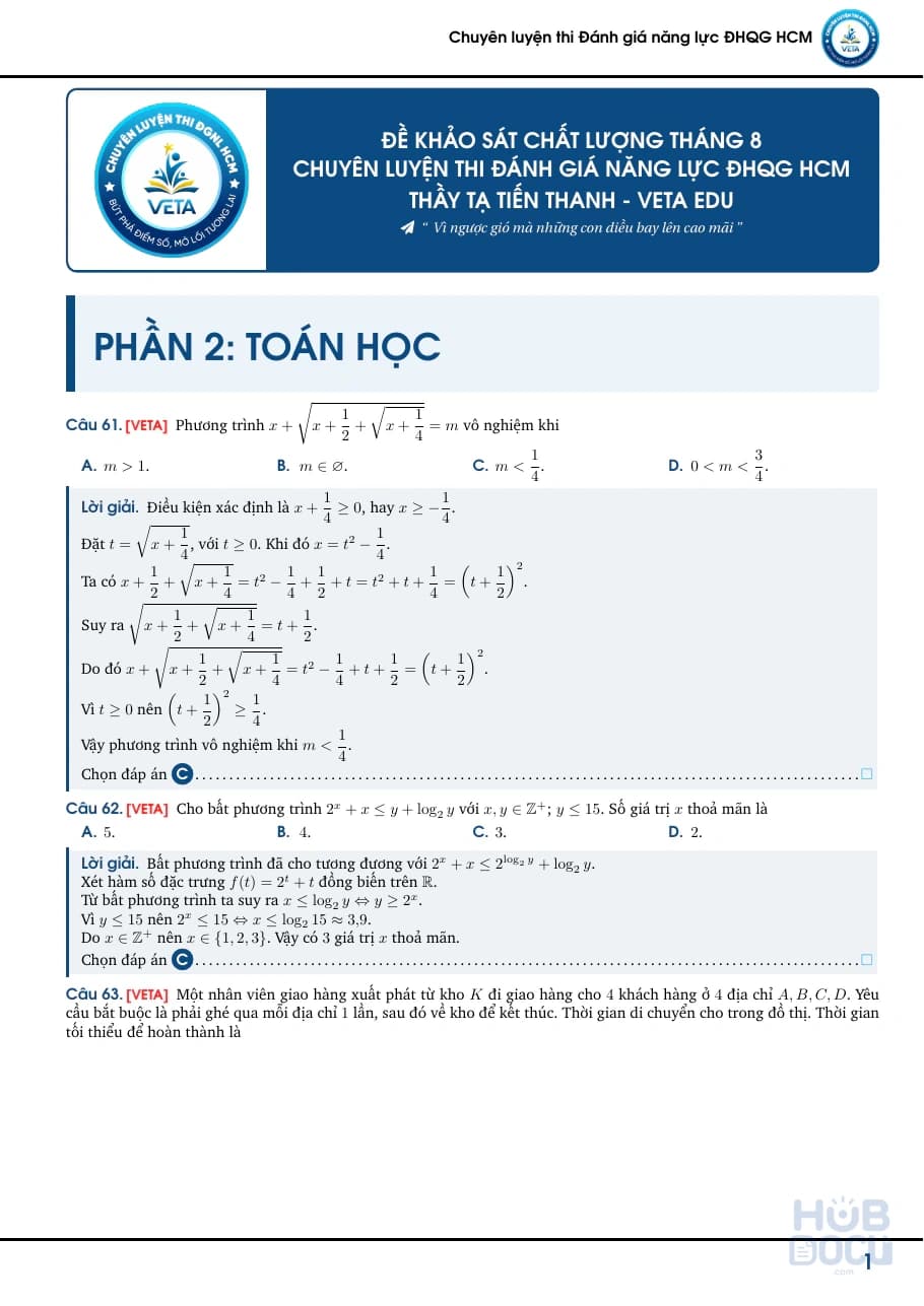 Đề khảo sát tháng 8 - Đề VACT Toán (Có đáp án chi tiết)