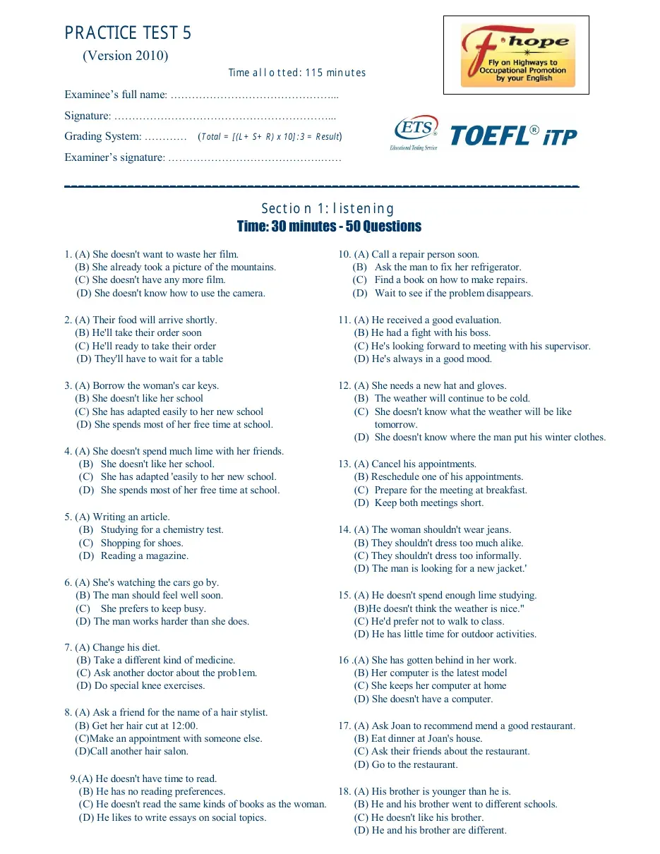 TOEFL iTP Practice (Test 5)